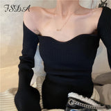 Square Neck Long Sleeve Sexy Women Sweater White Long Sleeve Casual Top Autumn Winter 2020 Black Pullover Solid Jumper