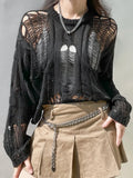 Streetwear Hole Black Knitted Grunge Sweater Women Smock Tops Ripped Hollow Out Pullover Holidays Tricot