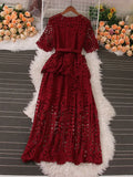 Vintage Women Hollow Out Lace Ruffle Long Dress Elegant Round Neck Short Sleeve High Waist Slim Maxi Party Vestidos