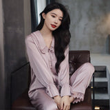 Women Pajamas Sets Sexy Lace Turn-Down Collar Pyjamas Sleep Suit Spring Summer Rayon Nightwear Casual Sleepwear Home