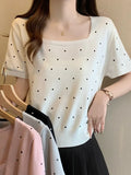 Zingj New Summer Printing Wave Point College Style Ice Silk T-Shirt Square Collar Short-Sleeved Sweater T-Shirt