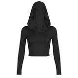 Zingj Waste Earth Wind Hooded Pile Collar Pleated T-Shirt Female Slim Long Sleeve Crop Button Solid Color Base