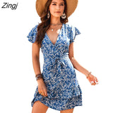 Blue Ditsy Floral Chiffon Mini Dress For Women Sexy V-neck Ruffled Short Sleeve A-line Dress 2023 Summer Female