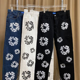 Autumn New High Street Flower Printed Jeans For Men And Women With High Waist And Thin Casual