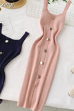 Summer Pink/Red/White/Black Women Knitted Dress Vintage High Waist Button Single-breasted Slim Casual Dress For Female