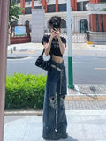 Women Streetwear Harajuku Retro Wide Leg Grunge Ripped Jeans Denim Pants High Waist Straight Baggy Trousers Alt