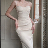 Women Spaghetti Strap Elegant Midi Satin Dresses Wedding Evening Birthday Holiday Backless Prom Clothes