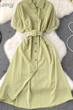 Vintage Green/Blue/Red Turn-Down Collar Single Breasted Dress Casual Short Sleeve High Waist A-Line Midi Robe New