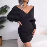 2025 Cross-Win V-Neck Bat Dress Bag Hip Dress Sweater Dress Women's