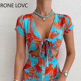 Women Elegant All Over Print Short Sleeves Lace Up Midriff Maxi Silt Sexy Vacation