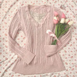 V-Neck Lace Trim Cable Knit TeeOutfit