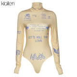 Fashion Print Letter Skinny Casual Turtleneck Long Sleeve Spring Bodysuit Women Simple Basic Wild Female