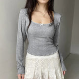 Zingj Girl Split Dense Edge Base Long Sleeve T Shirt Square Collar Wood Ear Bow Slim All-Match