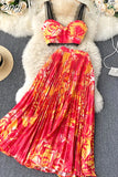 Vacation Beach 2pcs Set Women Floral Printed Short Strapless Tops And High Waist Pleated Long Skirt Suit Spring