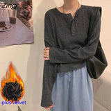 Sleeve T-shirts Women Elegant Simple Pure Button Design Retro Ins Autumn Ladies Tees Top All-match BF Style Mujer