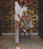 Crystal Diamond Shiny Women Pants Summer New Fashion Hollow Out Fishnet Wide Leg Trousers Sexy See Through Beach