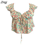 T-shirts Women Sweet Holiday Slim Short-sleeve Folds Design French Style Vintage Print Tops Young Hot Summer