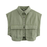 Women's Solid Color Big Pocket Sleeveless High Sense Cardigan Polo Collared Shirt Denim Top