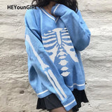 Skull Print V Neck Oversized Sweater Harajuku Casual Loose Knitted Top Pullovers Korean Punk Ladies Jumper