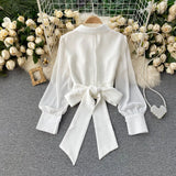 Spring Shirt V-neck Puff Sleeve Strap Slim Cropped Top Single Breasted Female Bandage Blouse