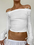 Bow Off Shoulder Skinny Tops for Women Autumn Winter Y2K Fashion Long Sleeve T-shirts Solid Basic Streetwear