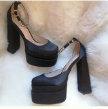 Onlymaker Square Toe Sandals Platform Thick High Heels Solid Mixed Colors Crystal Buckle Stain Sandals Graceful Women