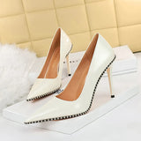 Zingj Sexy Super High Heel Retro Metal Chain Riveted Painted Leather Shallow Pointed High Heels Women's Singles