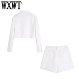 Women Elegant Solid Sets Fashion Double Breasted Cropped Blazer Suits With High Waist Textured Shorts