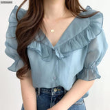 Summer Ruffled Lapel Chiffon Shirt Women Blouses Korean Style Elegant Sweet Puff Sleeve Tops Female Blusas