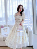 Elegant Floral Chiffon Party Dress Women Fashion Puff Sleeve A Line Midi Dress Sweet Square Collar Korean Female