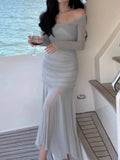 Mesh Long Sleeve Midi Dresses for Women 2023 Autumn Fashion Vintage Slim Party Sexy Evening Vestidos Female Clothes