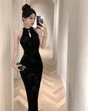 Hot Girl Retro Long Dress Children's Autumn Elegant Velvet Embossed Pearl Chain Cheongsam Dress Fashion Female