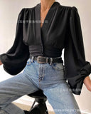 Zingj Wise Hot Style Spring New Temperament Button V-Collar Lantern Sleeve Jacket