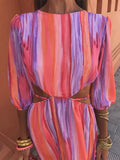 Pink Striped Printed Hollow Out Dress For Women Fashion Short Sleeve Backless Maxi Vestidos Female Chic Party Long