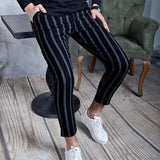 Casual Spring Summer Trouser Vintage Striped Printed Slim Pencil Pants Men Mid Waist Elastic Skinny Pants Men