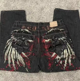 Trend Of Spring And Autumn Street Dark Gotham Haircut Printed Jeans Loose Personality Wide-Legged
