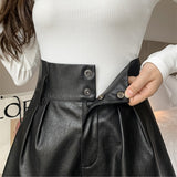 Autumn Winter Women's Faux PU Leather Shorts with Belted New High Waist Ladies Elegant Short Trousers Pocket