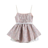 Pink Jacquard Straps Dress French Bow Lacing Sleeveless Casual Fashion Vintage High Waist Sexy Short Skirt Ladies