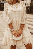 Dress Women Summer Mini A-Line White Dress Ladies Boho A-Line Beach Elegant Dress Fashion Hollow Loose Vestido De