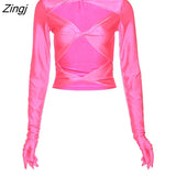 Sexy Hollow Out Gloves Women T-shirt Pink Long Sleeve Round Neck Short T-shirt Female Autumn Slim Fashion Party Top