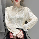Vintage Autumn New Pleated Lace Stand Collar Blouse Women Velvet Lantern Sleeve Shirt Tops Women Cardigan Clothing