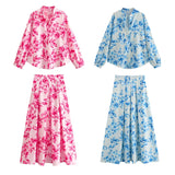 Spring Flower Print Shirt Flower Print Fan Flute Skirt 7484067