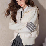 Autumn And Winter New Small Hooded Four Bars Down Jacket Female 2024 Korean Version Of Knit Sleeve Splicing Yoga Clothing Tide-Outfit