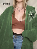Y2K Print Green Women Hoodies Oversized 2022 Autumn Winter Zip Up Hoodie Vintage Casual Long Sleeve Hooded