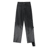 Flared Jeans Women's Stitch Folds Irregular Mopp Black Gray Straight Loose Raw Edge Trousers Female Denim Pants