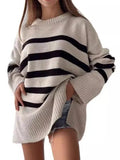 Autumn And Winter Women's Clothing Jacket Loose Round Collar Bump Color Knitted Striped Sweater