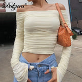Mesh Patchwork Women Long Sleeve Crop T Shirt Ruched Off Shoulder Bodycon Sexy Elegant Streetwear Spring