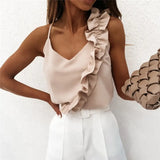 Summer Blouse Shirts Sexy V Neck Ruffle Blouses Backless Spaghetti Strap Office Ladies Sleeveless Casual