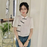 Women New Chinese Style Button Design Vintage Tender Stand Collar Fashion Loose Casual Solid Temperament Summer