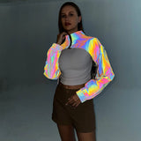 Dazzling Reflective Short Coat Women's Fantasy Luminous High Waist Standing Collar Jacket Plus Size Zipper Smock-Outfit